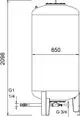 Zylindrisches Ausdehnungsgefäß von IMI Hydronic Engineering mit Anschlüssen und sichtbaren Maßeinheiten, dargestellt in einer technischen Zeichnung.